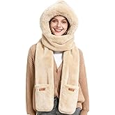 RainFlowwer Hooded Scarf for Women Winter, Ear Hat Scarf 3 in 1Faux Fur Gloves Set Soft Thick Warm Hat