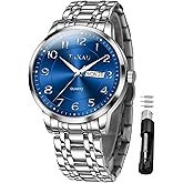 Taxau Men’s Dress Watches Waterproof Analog Quartz Watch with Day Date Stainless Steel Band Luxury Large Arabic Numerals Classic Luminous Hands Easy Read, Hidden Butterfly Clasp Relojes para Hombres