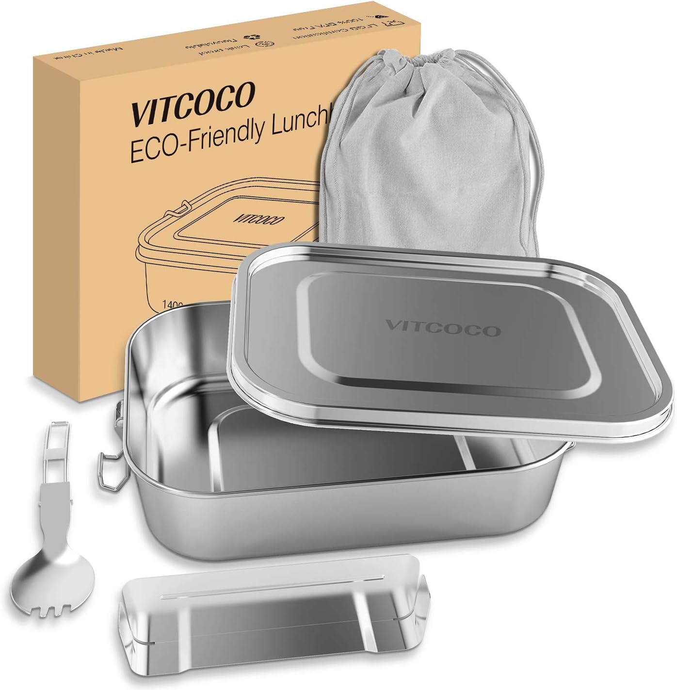 Bento Box Lunch Box 1.4 L VITCOCO Steel Metal Lunch Boxes, Stainless