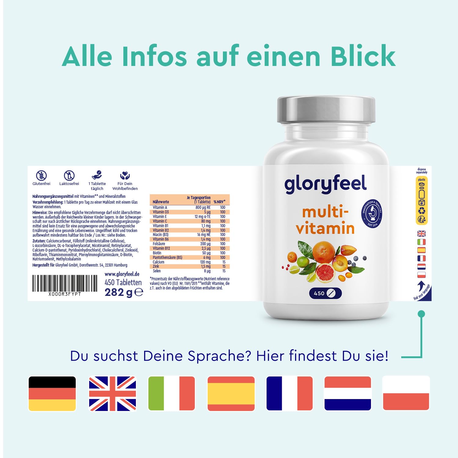 Gloryfeel High-Dose Multivitamins – 450 Tablets, Valuable Minerals and All A-Z Vitamins – 15 Months’ Supply – Supports the Immune System – Laboratory Tested without Additives, Made in Germany