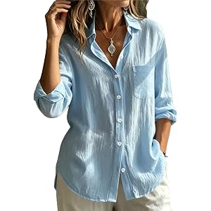 Womens Linen Button Down Shirts Long Sleeve Blouses with Pocket | Cotton Linen Blouse, Lapel Collar Button Down Top, Lightwei