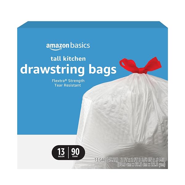 AMAZON BASICS FLEXTRA TALL KITCHEN DRAWSTRING TRASH BAGS, 13 GALLON, 90 COUNT