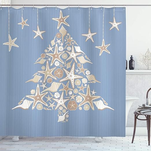 Amazon Com Ambesonne Christmas Shower Curtain Nautical Elements Sea Life Theme With Noel Tree Winter Season Cloth Fabric Bathroom Decor Set With Hooks 70 Long Beige Cream Home Kitchen