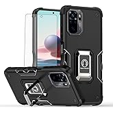 Asuwish Phone Case for Xiaomi Redmi Note 10/10S 4G with Tempered Glass Screen Protector Cover and Slim Ring Holder Stand Hard Hybrid Rugged Cell Accessories Redme Note10 S Note10S Women Men Black