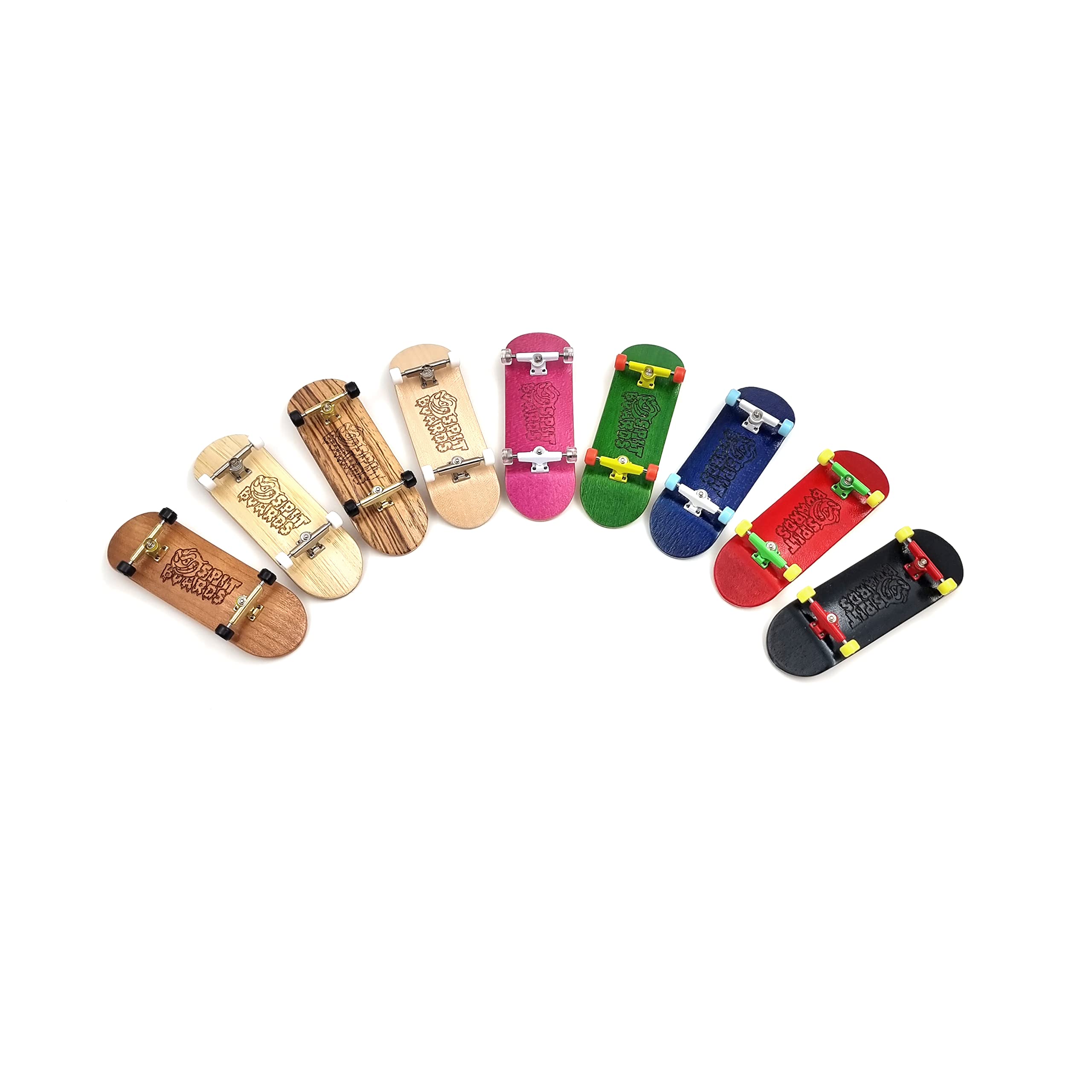 SPITBOARDS® 32 mm Fingerboard Complete Real Wood Set-Up (Pre-Assembled, 5-Layers), Trucks with Lock Nuts, Bearing Wheels, Foam Grip Tape, (Deck: Pink, Trucks: White, Wheels: Transparent)
