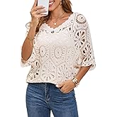 WESURE Women's Crochet Tops Boho Hollow Out V-Neck Pullover Lace Cove Up