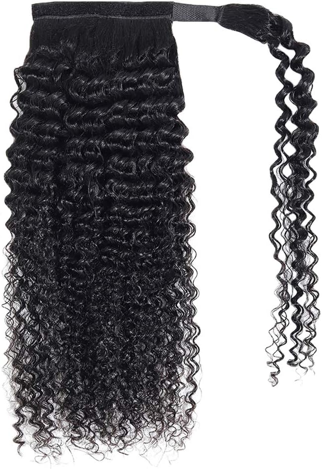 Seelaak 16 Inches Curly Hairpiece Wrap Around Ponytail Hair Piece with Clips Human Hair Ponytail Extensions 101g/set Magic Paste Binding Pony Tail Hairpiece for Black Women