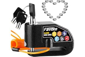 Favoto Alarm Disc Lock, 3 Keys and 18 Batteries (5-Year Availability), 110 dB Waterproof Anti-Theft Security Brake Padlock, 7mm Lock Pin with Reminder Cable, Fit for Motorcycle E-Bike Bicycle Scooter