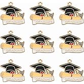 Ipotkitt 20 Pcs Black Enamel School Charms Bulk Trencher Cap with Word Graduate Charms Grad Cap Charms DIY Crafts for Necklace Bracelet Jewelry Making