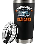 Panvola Easily Distracted By Old Cars Vintage Car Lovers Gifts Dad Brother Uncle Grandpa Car Enthusiast Vacuum Insulated Tumbler with Straw and Removable Lid 20 oz Black