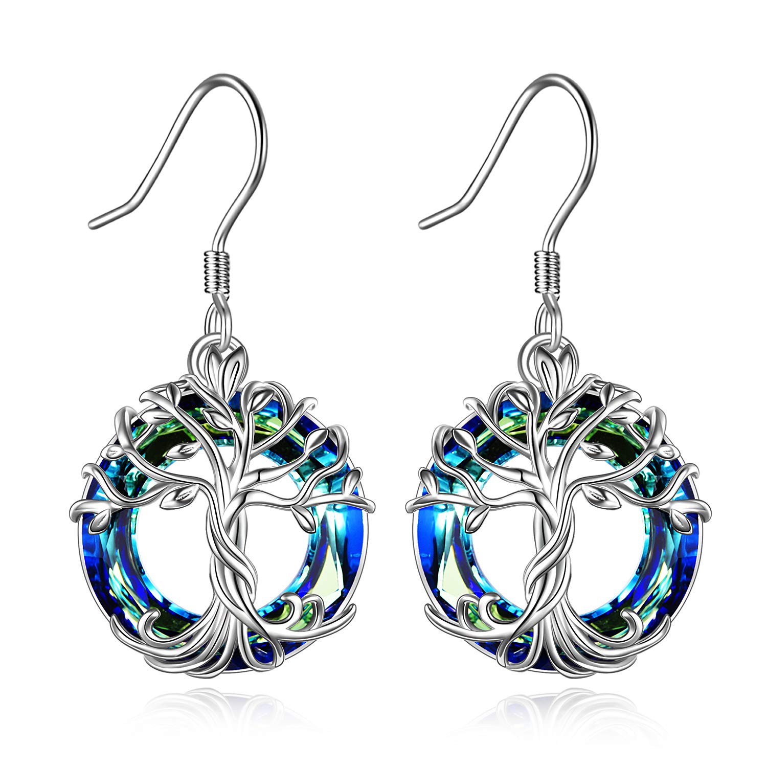 TOUPOP Tree of Life Earrings Sterling Silver Dangle Drop Earrings with Blue Circle Crystal Fashion Jewelry Gifts for Women Teen Girls Birthday Friend Christmas