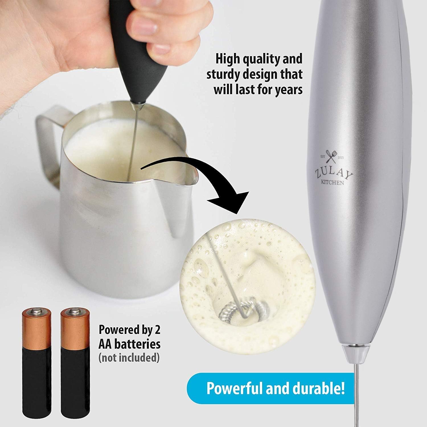 Zulay New Titanium Motor Milk Frother (Without Stand) - Handheld Frother Whisk, Milk Foamer Frother, Mini Blender for Coffee, Bulletproof Coffee, Frappe, Latte, Matcha, Budget No Stand -Titanium Silver: Kitchen & Dining