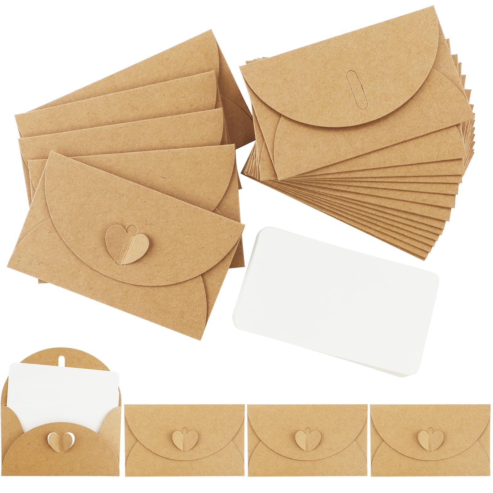 28 Mini Envelopes with Cards Vintage Mini Kraft Paper Envelope Blank Card Small Letter with Heart Closure for Gift Cards DIY Thank You Cards, Gift Envelopes, Handmade Paper