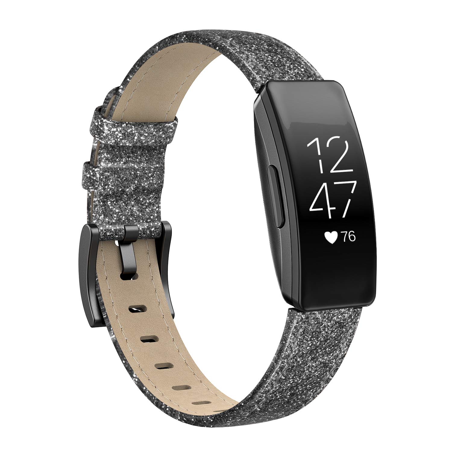 Tuocal Genuine Leather Strap Compatible with Fitbit Inspire/Fitbit Inspire HR/Fitbit Inspire 2, Leather Replacement Sport Wristband, Glitter Black
