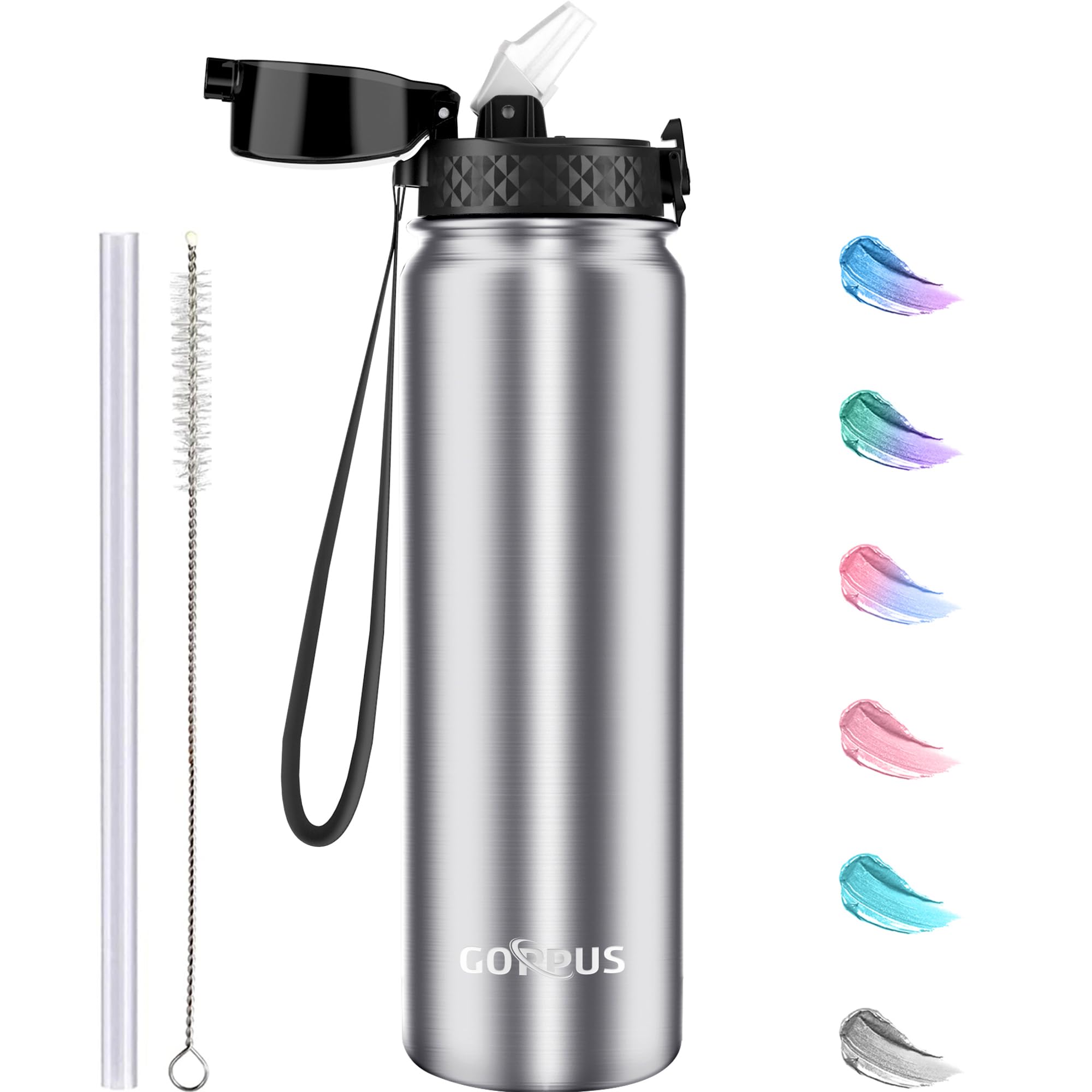 GOPPUS 1L/32oz Stainless Water Bottle with Straw Double Wall Insulated Bottles with Strap Reusable Vacuum Thermal Flask Leakproof Keep Cold Drinks Bottles with Flip Top Lid for Gym Men Women BPA Free