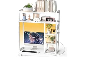 Aetheris Desktop Organizer Shelf, 30" Wooden Office Storage Rack with Outlets, Display Shelf Rack with Light Strip, 5 Tier De