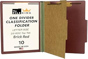 The File King One Divider Brick Red Pressboard Classification File Folder - Letter Size | Box of 10 | Top Tab | 2” Expansion | Four 2-Inch Durable Fastener Prongs | USA Made