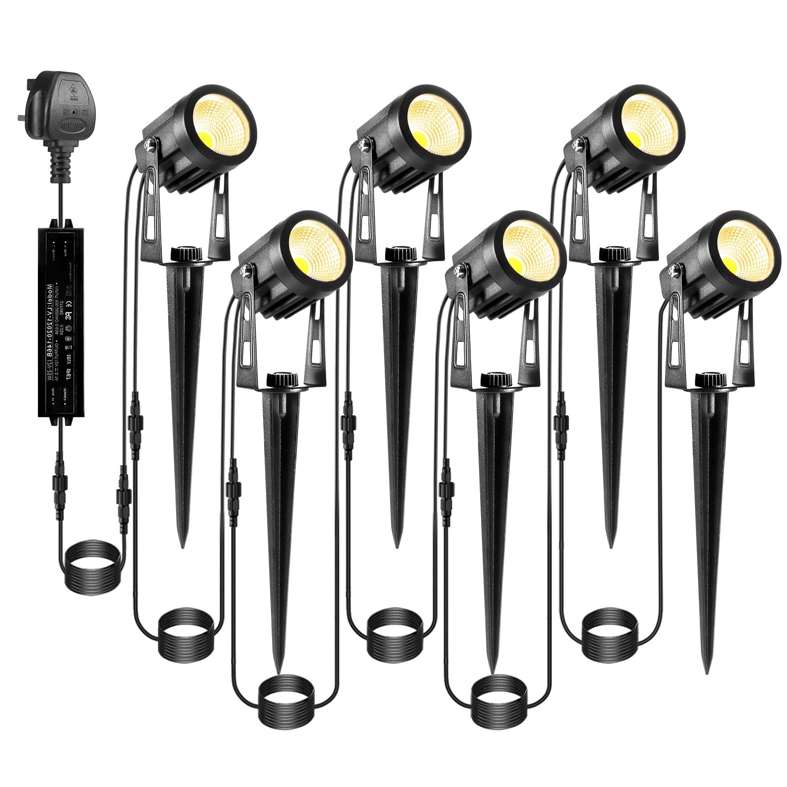 ECOWHO Garden Lights Mains BS Plug Extendable Outdoor Spotlights 21m LED Spike Uplighter Wire Metal Outside Waterproof Lighting Warm White for Path Tree(Ground Stake&Wall Mounted, DIY to 8 Spots)