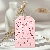Whaline 100Pcs Christmas Paper Gift Tags Pink Red Bow Hanging Name Tag with Hemp Rope Coquette Label Tags for Holidays Party Favor Decoration Supplies