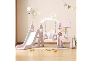 YUFU 5-in-1 Toddler Slide and Swing Set, Kids Slide with Climber, Swing, Basketball Hoop, Soccer Goal, Indoor Outdoor Playset for Toddlers Age 1-3 (Pink)