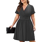Actcat Womens Plus Size Dresses Summer Short Sleeve Wrap V-Neck Sundress Casual Party Dress with Pockets
