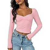 TiulZial Women's Long Sleeve Going Out Crop Top Sexy Pleated Trendy Shirt Sweetheart Neck Y2K Ruched Cropped Tops Pink Crop Top,M