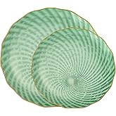 PLASTICPRO 30 Pack Plastic Plate Set of 15-10 inch Plates and 15-7 inch Plates, Elegant Clear Green Spiral and Gold Rim Disposable Fancy Plate Premium Heavyweight