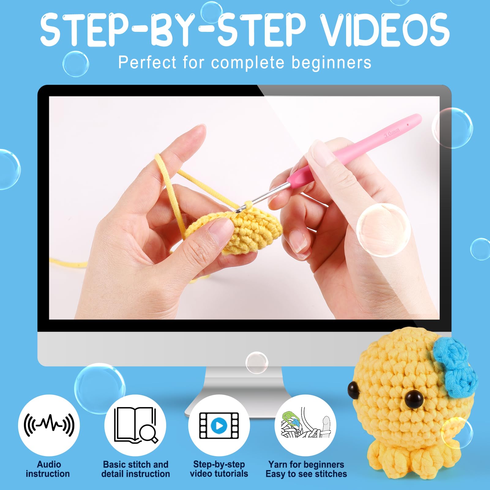 Pllieay Crochet Kit for Beginners, Beginner Crochet Kit for Adults & Kids with Step-by-Step Video Tutorials, Knitting Kit, 4 Pattern Crochet Animal Kit - Whale, Jellyfish, Sea Horse and Octopus