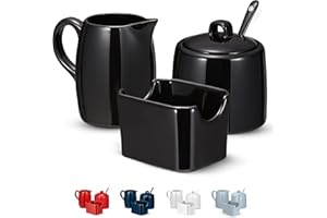 KooK Sugar and Creamer Set, 3 Piece, Pitcher, Sugar Bowl with Lid and Spoon, Sweetener Holder (Black)