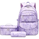 Robhomily Girls Backpack with Lunch Box for Elementary Middle School,17 Inch Purple Lightweight School Backpack with Lunch Bags Set for Girls