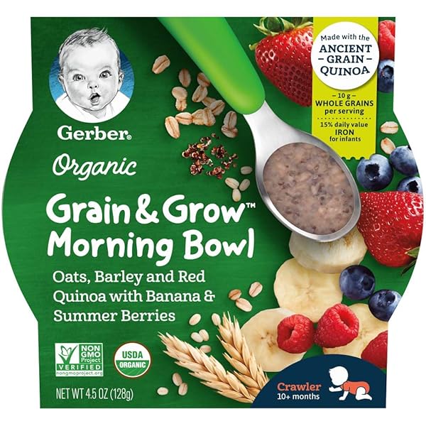 GERBER UP AGE ORGANIC GRAIN & GROW MORNING BOWL OATS BARLEY & RED QUINOA WITH BANANA & SUMMER BERRIES, 4.5 OZ