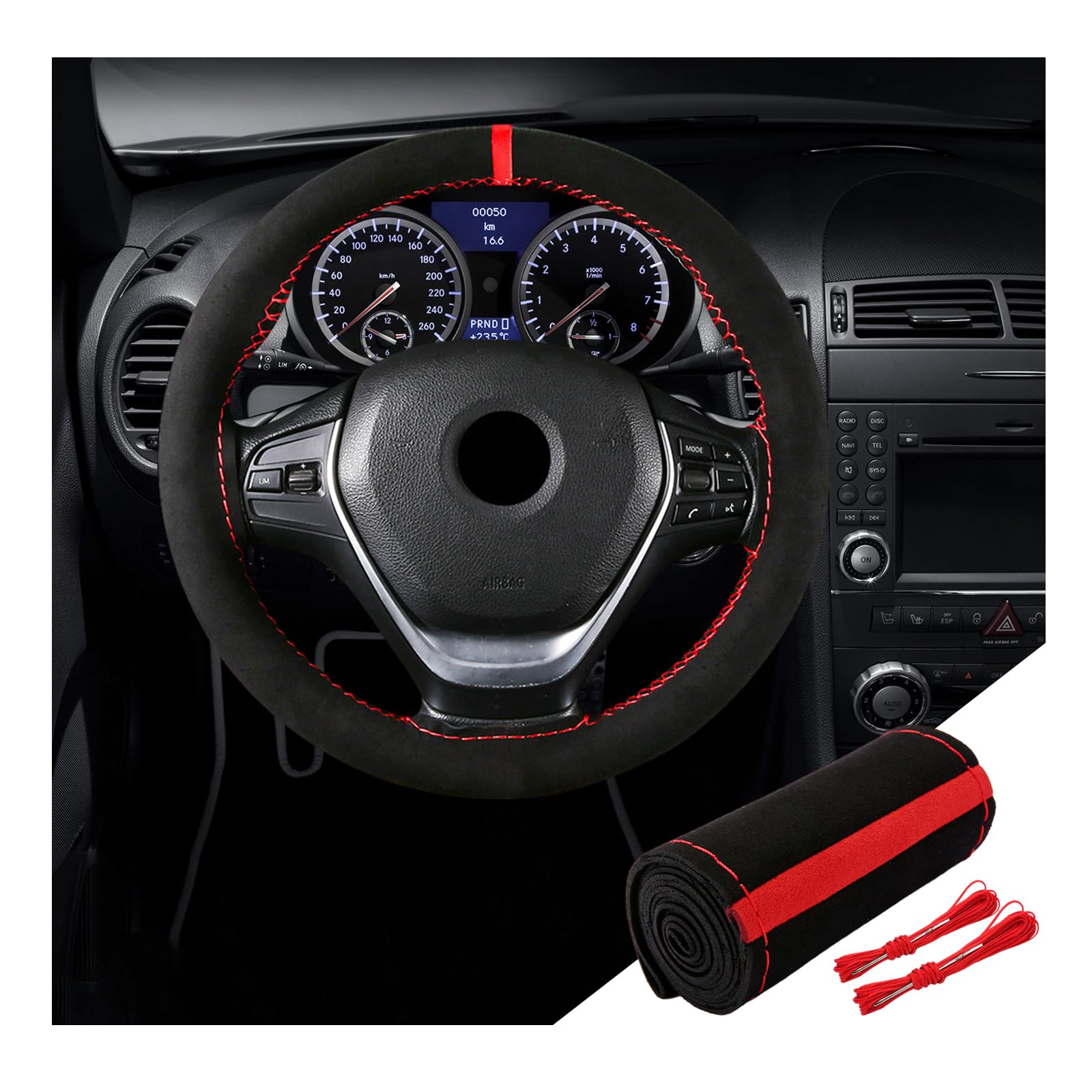 Photo 1 of Dickno Car Steering Wheel Cover, Anti-Slip Auto Stitch on Wrap Steering Wheel Protector for Max Diameter 15 Inch, DIY Sewing with Needle Thread, Universal Vehicle Interior Decor (Black & Red+Red)