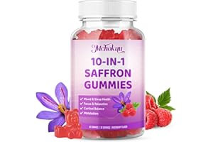 MCHOKUU Saffron Supplements Gummies for Kids & Adults Vision, Zzz, Focus & Cortisol with Ashwagandha, L-Theanine, Rhodiola Rosea, St.John's Wort, Lemon Balm, Vitamin D3, B6, Magnesium & Zinc, Raspberry, 60Cts