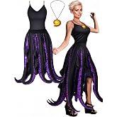 Ramede 2 Pcs Women Octopus Costume Halloween Plus Size Black Tentacles Dress with Light Up Shell Necklace for Adult