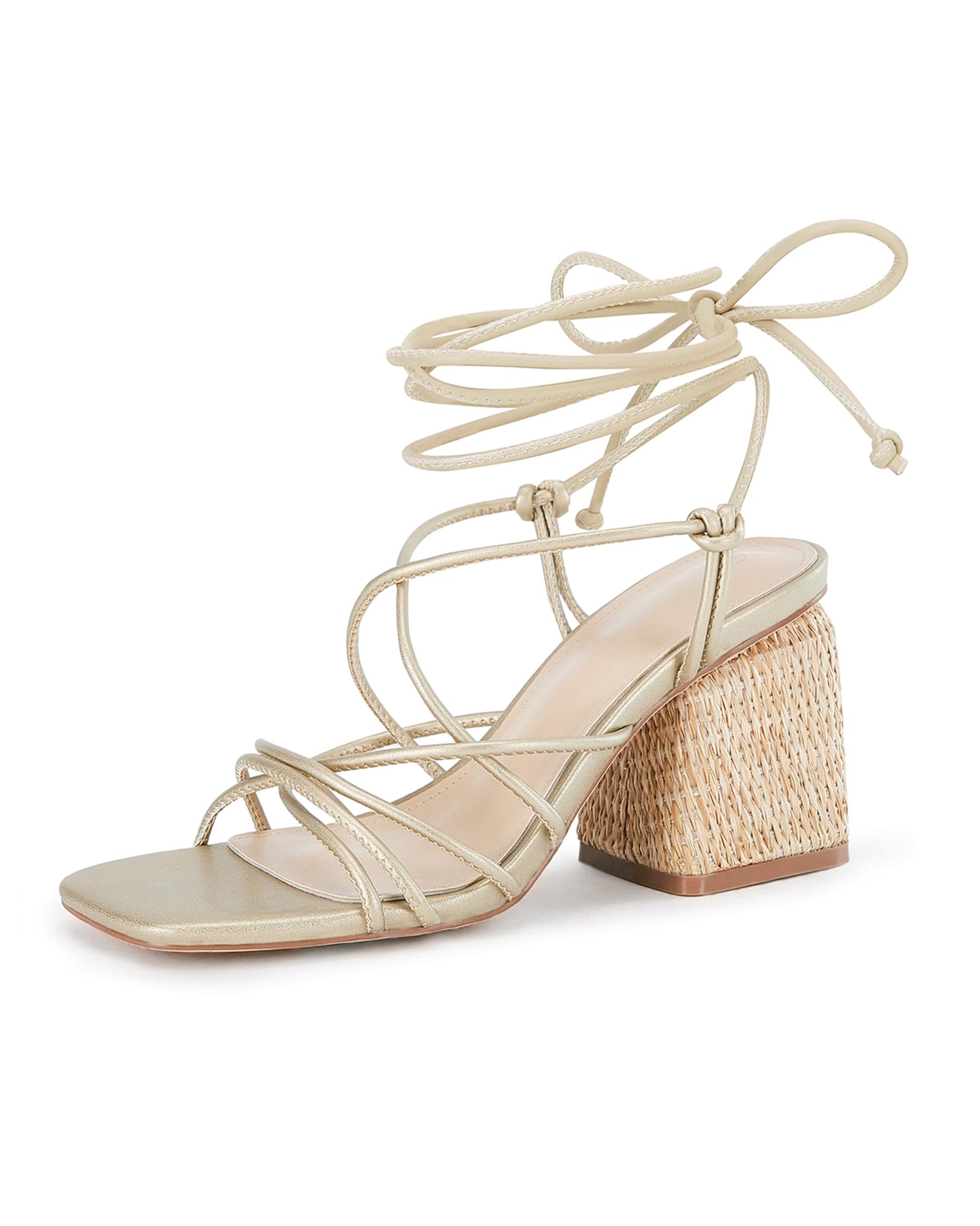 Photo 1 of PiePieBuy Women's Lace Up Chunky Braided Heel Sandals Square Toe Strappy Ankle Strap Heels