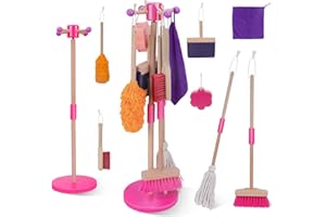 Almcmy Kids Cleaning Set, 8 Pieces Wooden Housekeeping Play Set Includes Broom, Mop, Dustpan, Brush, Duster, Sponge, Rag and Organizing Stand, Toddler Toy Cleaning Set Gift for Girls & Boys Ages 3+