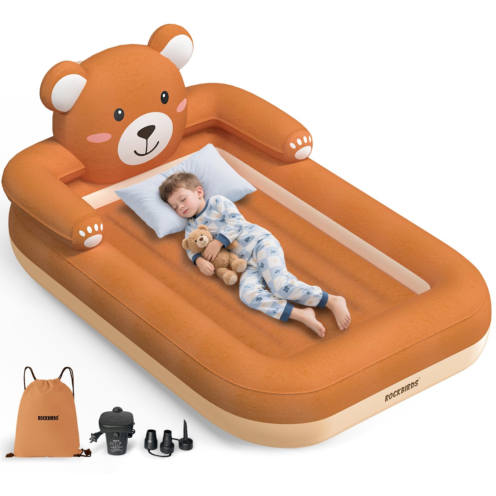Photo 1 of ROCKBIRDS Inflatable Toddler Travel Bed with Adorable Bear Design – Portable Toddler Blow Up Bed, Soft Surface, High Rails, Auto Pump Included – Perfect for Travel, Sleepover