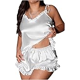 Floerns Women's Plus Size 2 Piece Ruffle Hem Pajama Set Satin Tie Crop Tops and Shorts Set