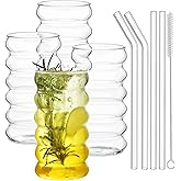 ALINK Ribbed Drinking Glass Cups with Straws Set of 4, 16 oz Aesthetic Iced Coffee Glasses, Wave Bubble Tumbler, Ripple Glassware, Beer Glasses for Coctail, Milk, Soda, Gift with Brush