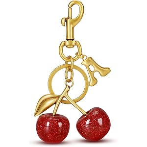 GLYVEN Cherry Initial Bag Charm for Handbags, Purse Charm Keychain | Red Cherry Charm, Gold Bubble Initial, Purse Charms for