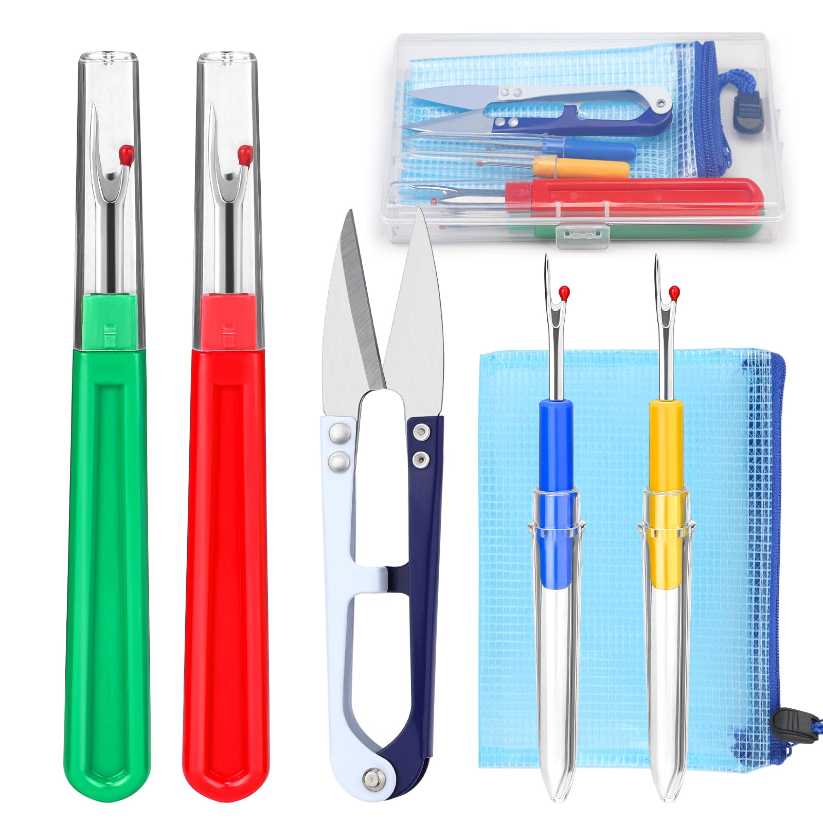 4 Pcs Seam Ripper, Big and Small Stitching Thread Unpicker, Thread Cutter Remover, Seam Rippers for Sewing, Stitch Ripper with Scissor, Storage Bag, Storage Box for Sewing Needlework DIY Craft