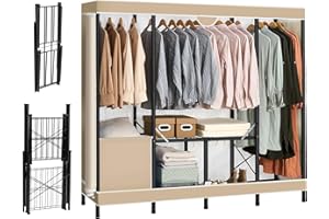 GARPROVM Portable Wardrobe Closet Large, 74 inch Folding Garment Rack Pre-assembled Clothes Rack with Cover, 74.2"L x 18"W x 66.5"H Freestanding Clothing Storage Organizer with 3 Hanging Rods (Yellow)