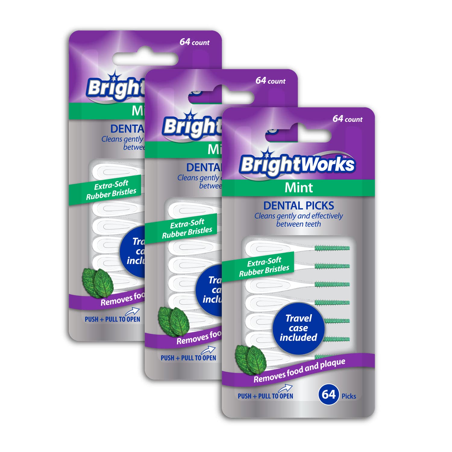 Photo 1 of BrightWorks Mint Dental Picks, with Extra Soft Rubber Bristles and Flexible Tip, Clean Gently and Effectively Between Teeth, Travel Case Included, 3 Packs (64 Per Pack) [192 Total Picks]