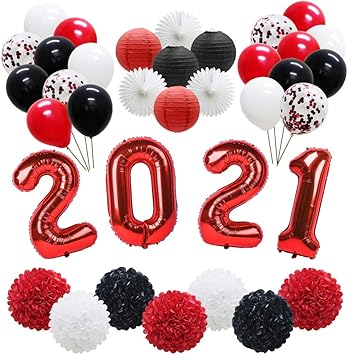 2021 Graduation Balloons Banner Includes Hanging Tissue Paper Fans, Latex Balloons, Paper Lanterns, Pom Poms Flowers for Graduation