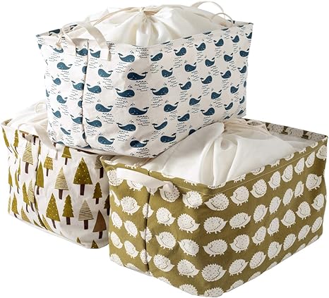 Amazon Raihu 収納ボックス 収納バスケット 収納ケース 折り畳み 綿麻生地 3個セット おもちゃ整理 大容量 防水加工 巾着付き 取っ手付き かご バスケット オンライン通販