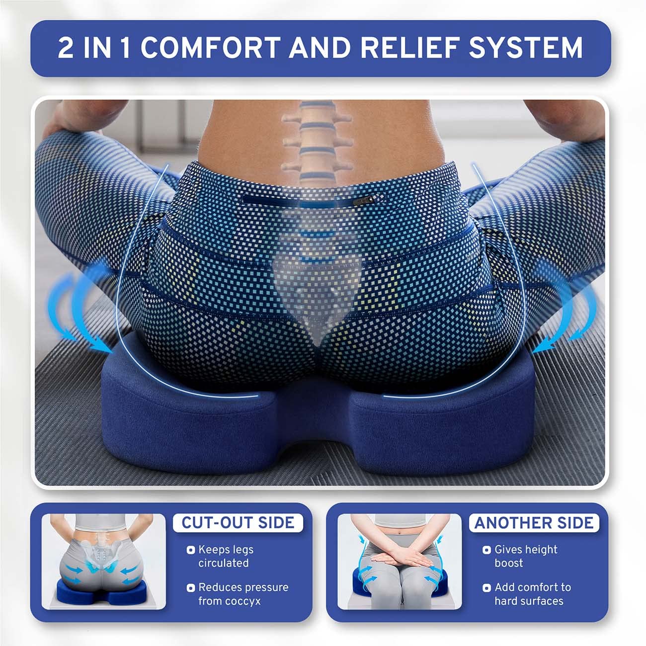 Memory Foam Seat Cushion - Tailbone Pain Relief Cushion, Non-Slip Sciatica Pain Relief Pillow - Cushion for Office Chair, Car, Wheelchair, Computer, Desk Chair - Coccyx, Lower Back Support (Navy)
