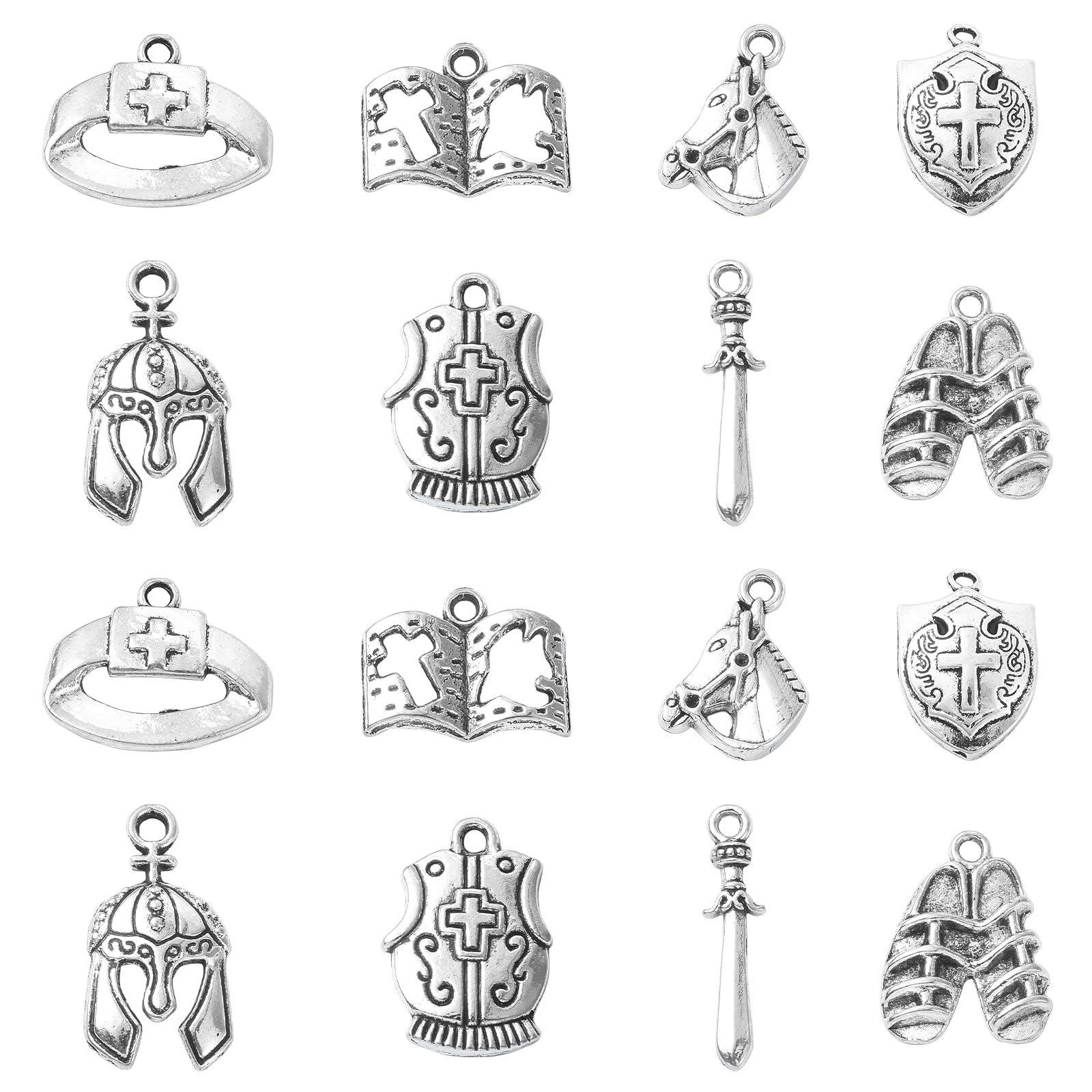 UR URLIFEHALL 80 Pcs 8 Styles Tibetan Style Medieval War Theme Charms Antique Silver Hat Horse Shield Sword Charms for DIY Jewellery Making
