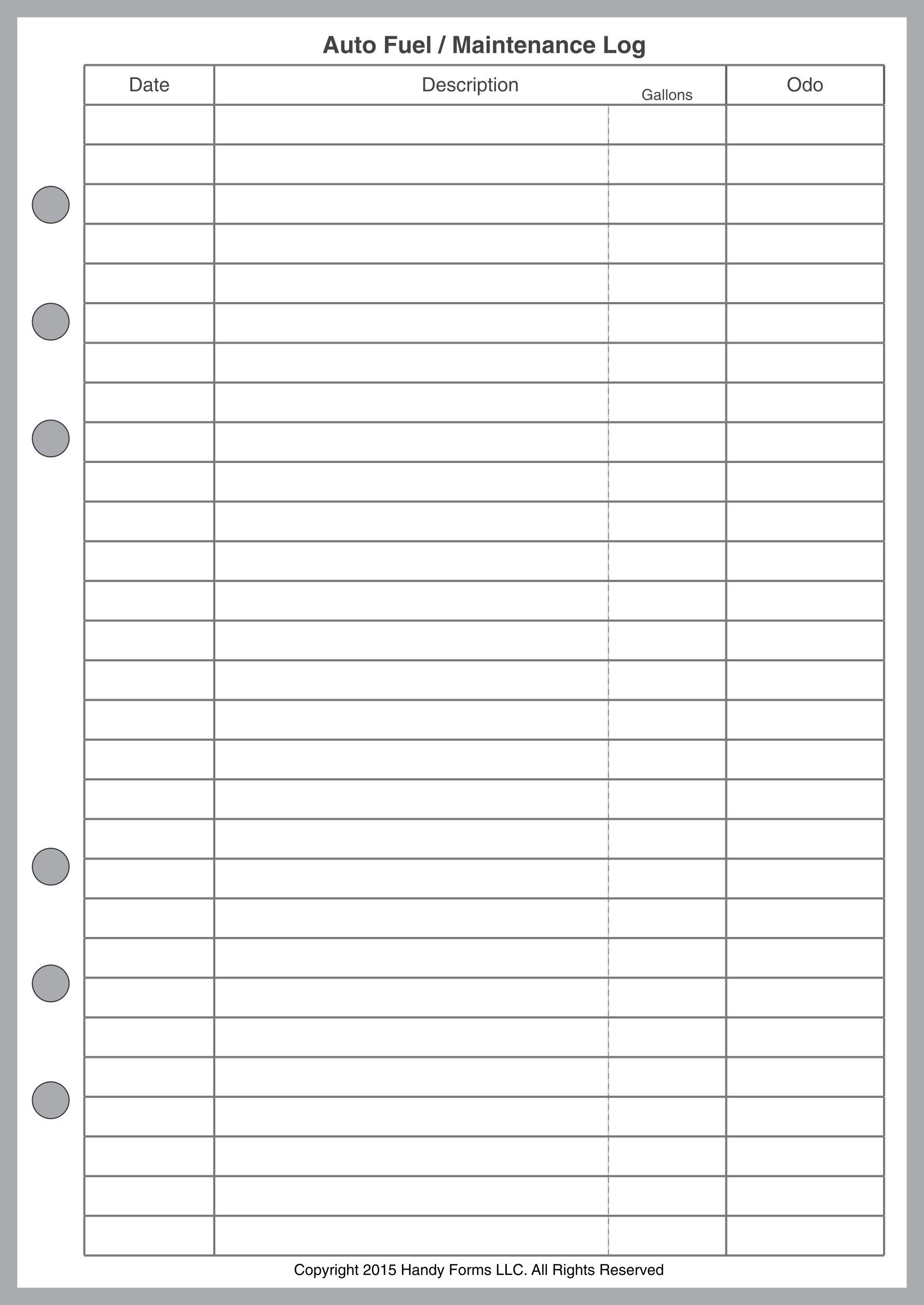 A5 Size Auto Fuel and Maintenance Log, Sized and Punched for6-Ring A5 Notebooks by Filofax, LV (GM), Kikki K, TMI, and Others. Sheet Size 5.83" x 8.27" (148mm x 210mm)