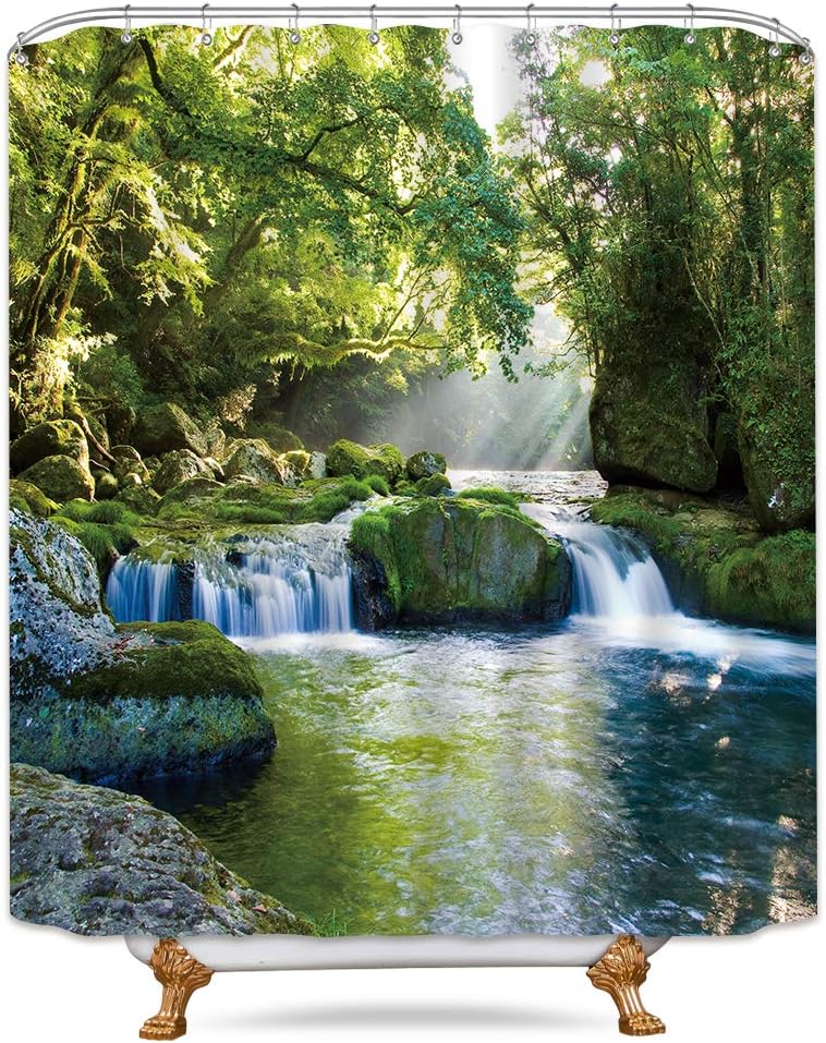 Riyidecor Forest Waterfall Shower Curtain Jungle Landscape Rainforest Green Spring Nature Tree Rock Seasonal Decor Bathroom Set Polyester Waterproof 72x72 Inch Plastic Hooks 12 Pack