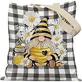 APJYM Bee Gnome Tote Bag, Gnomes Gifts for Women Canvas Tote Bags, Honey Bees Gifts, Black Buffalo Reusable Grocery Shopping Bags